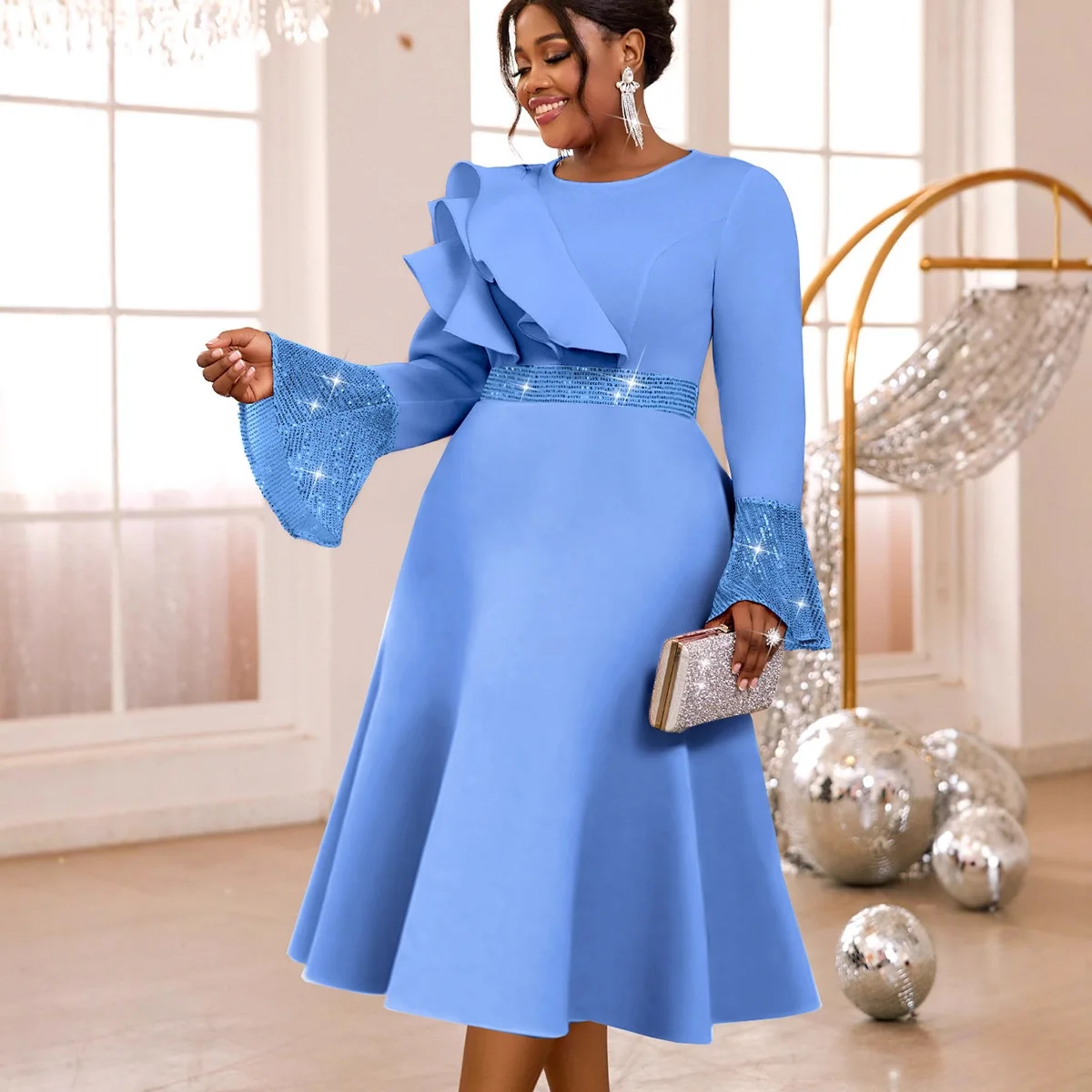 Elegant Curvy Light Blue Midi Gown Round Neck 3D Ruffle Detail Sparkle Sequin Cuff Flared Sleeve Waist Band Gala Church  Dress