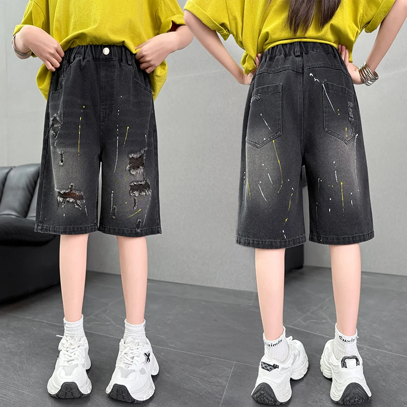 

New Kids Designer Black Denim Shorts with Drawings for Tween Girls Fashion Summer Ripped Jeans Capris for Child 5 7 9 11 13 14Y