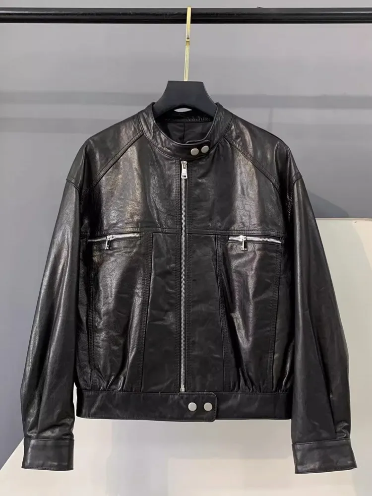 เสื้อแจ็คเก็ตหนังวัวแท้ทรงหลวมสไตล์วินเทจสำหรับผู้หญิง  แบบมีซิป  หนังเคลือบน้ำมัน  คอตั้ง  มีกระเป๋า  ดีไซน์หรูหรา  สไตล์ลำลอง