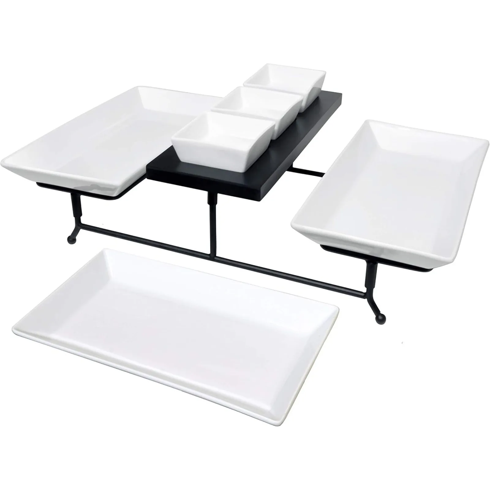 

US The Most Versatile 3 Tier Serving Tray. Collapsible Metal Stand with 3 Plates & 3 Bowls on Black Wood Base. Tiered Tray Part