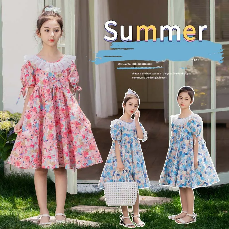 JUCPKID 2024 Korean Summer Junior Girl Dress Teenager Girl Lace Up Bubble Sleeves One-piece Dress School Girl Princess Dress