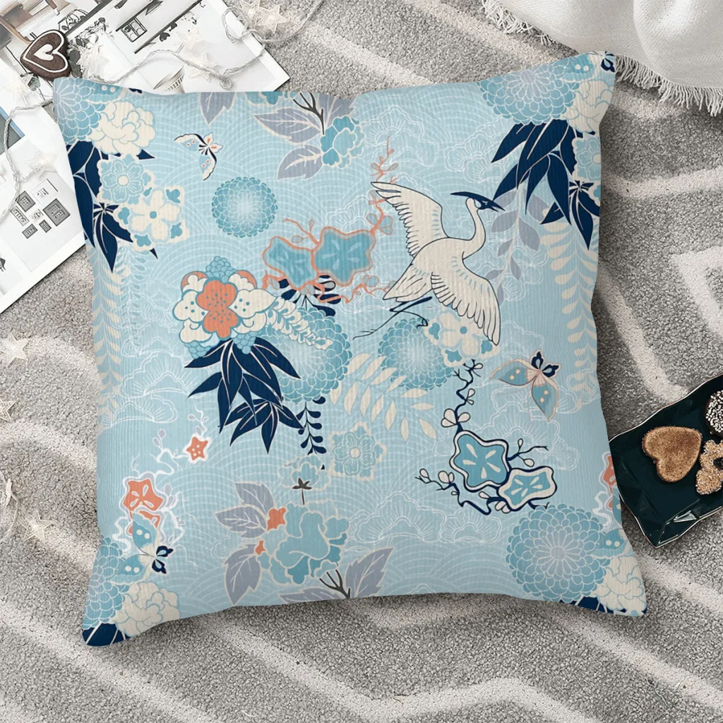 Flying Heron Surrounded by Flowers In Blue Japanese Style Art Polyester Cushion Cover Decorative Reusable Hug Pillowcase