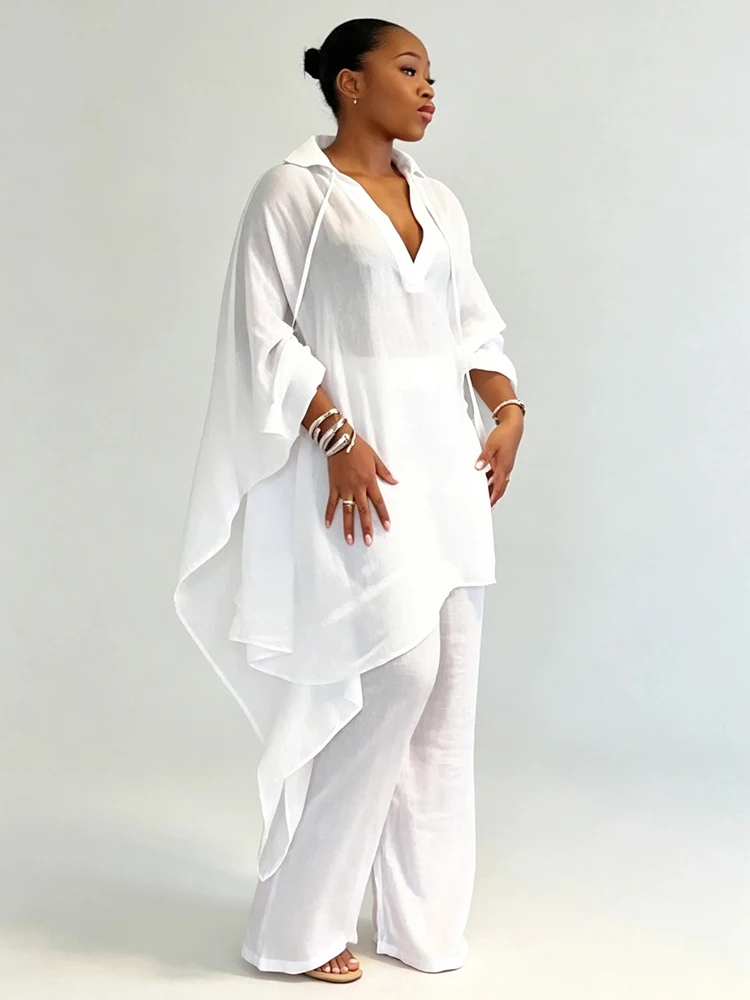 Women's White See Through Loungewear Sets Long Sleeve V-Neck Flowy Shirt with High Waist Palazzo Pants Sexy Summer Outfits