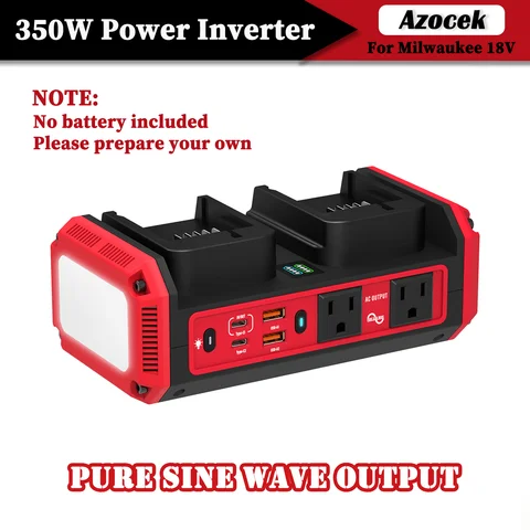 Azocek Convertitore di potenza a doppia batteria a onda sinusoidale pura da 350 W per Milwaukee 18 V, CC da 18 V a CA 120 V, caricabatterie rapido 7 A, 6 porte e LED 600 LM