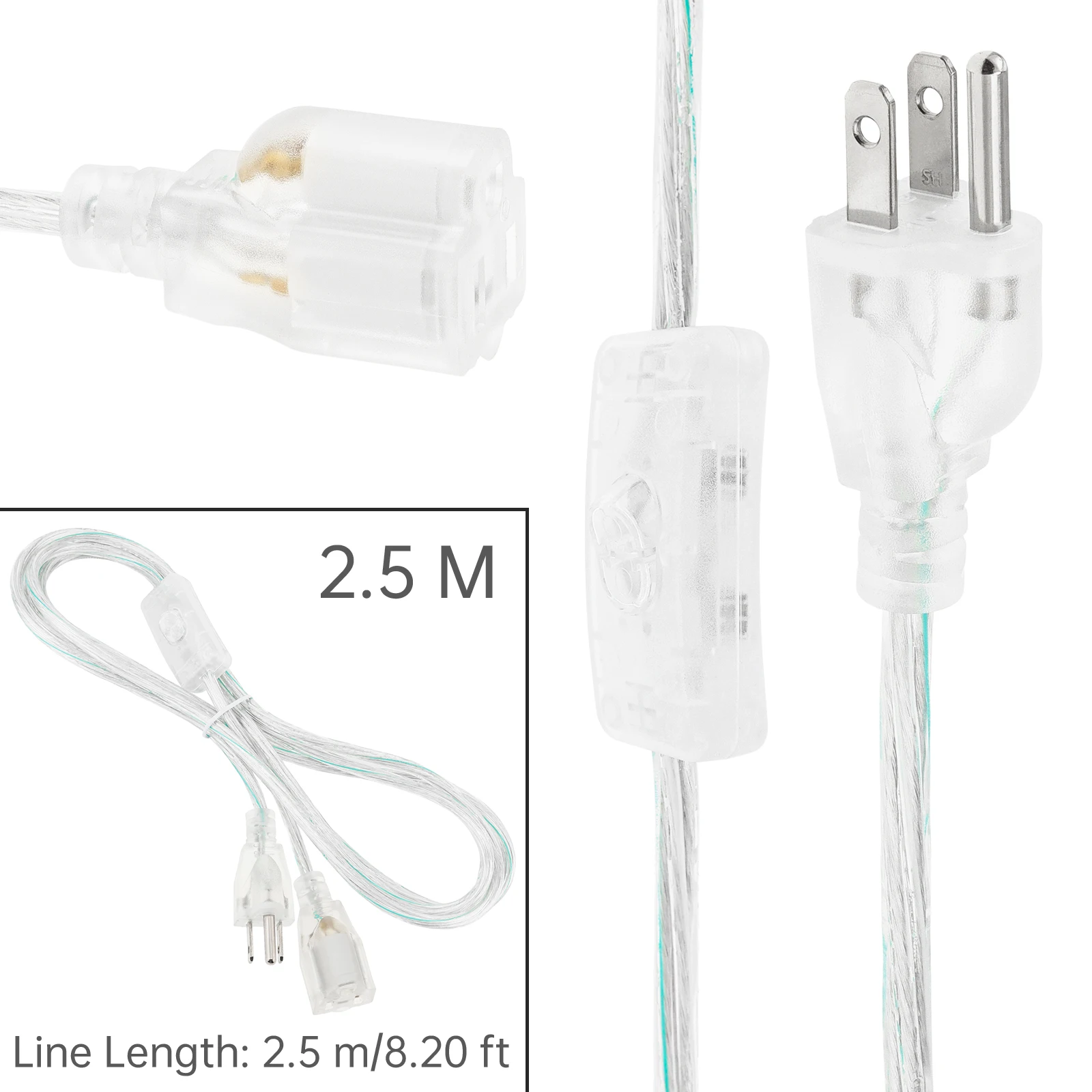 3-Prong Clear Extension Cord with On/Off Switch, 8.2 ft (2.5 m), Male to Female Indoor Power Cable