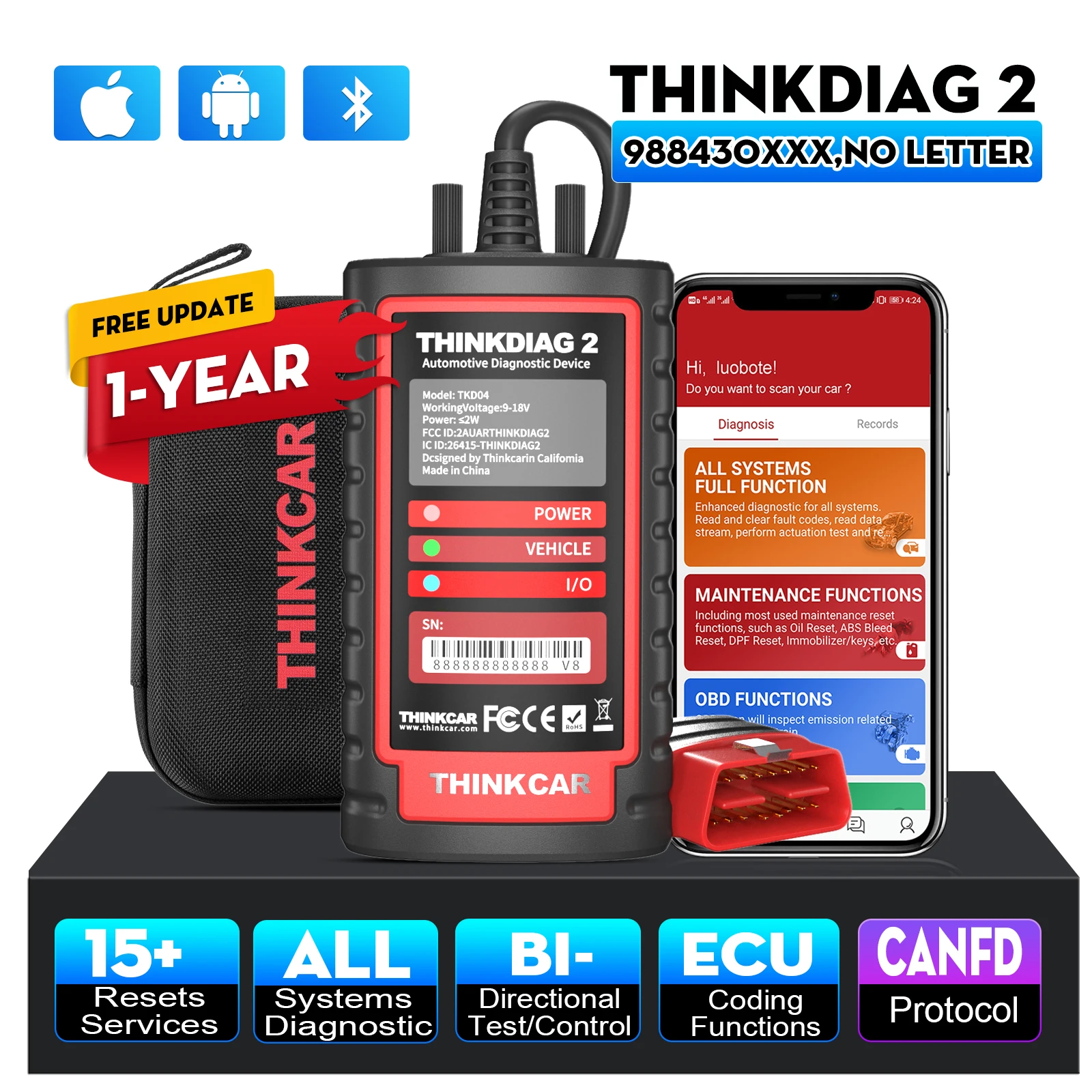 Thinkcar ThinkDiag 2 Ediag Plus – Outil de diagnostic OBD2 pour tous les véhicules avec protocole CanFD, tous services de réinitialisation, 1 an gratuit, test actif, codage ECU