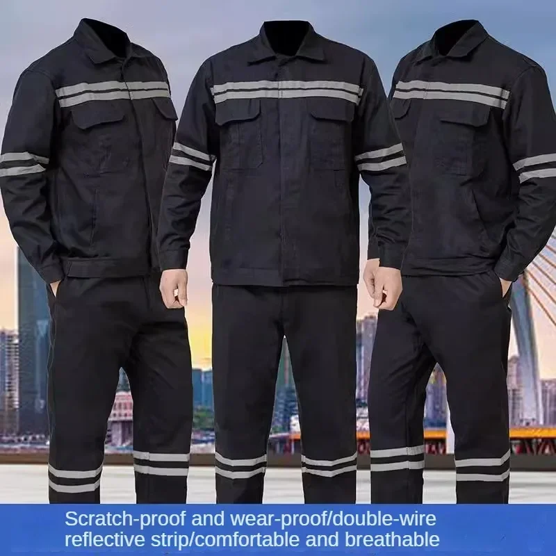 Pure Cotton Coal Mine Labor Protection Work Suit Men's Wear-resistant Long Sleeved Reflective Strip Top Pants Workwear Clothing