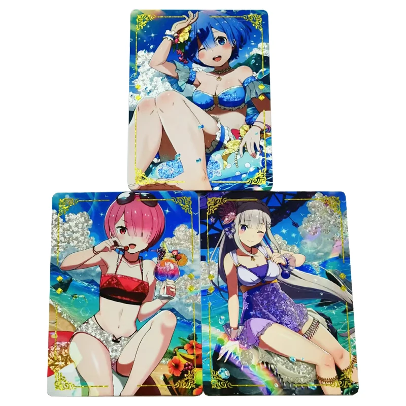 

Diy Self Made 3Pcs/set Goddess Story Rem Ram Kawaii Swimsuit Collection Card Anime Peripheral Cards Gift Toy