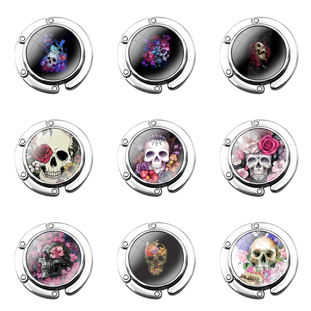 Punk Rose Flower Skull Paintings Foldable Purse Hook for Women's  Table Handbag Storage Folding Decor Table Hook