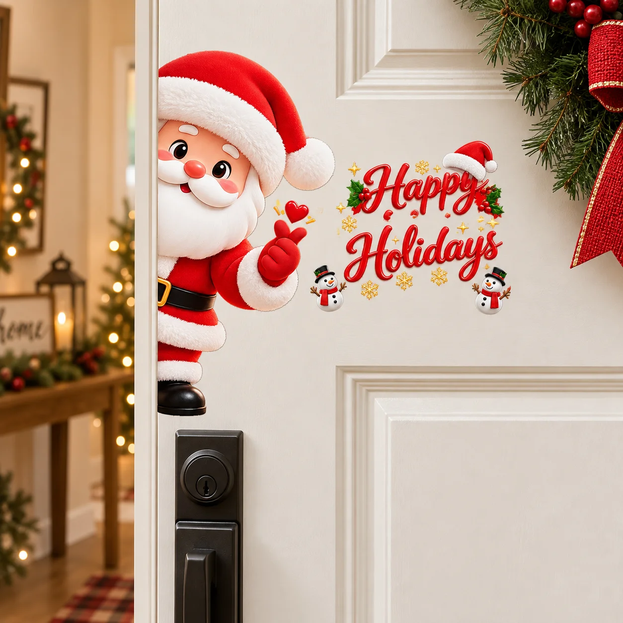 Christmas Door Decals Peeking Santa Happy Holidays Snowman Xmas Front Door Wall Sticker Winter Holiday Decor