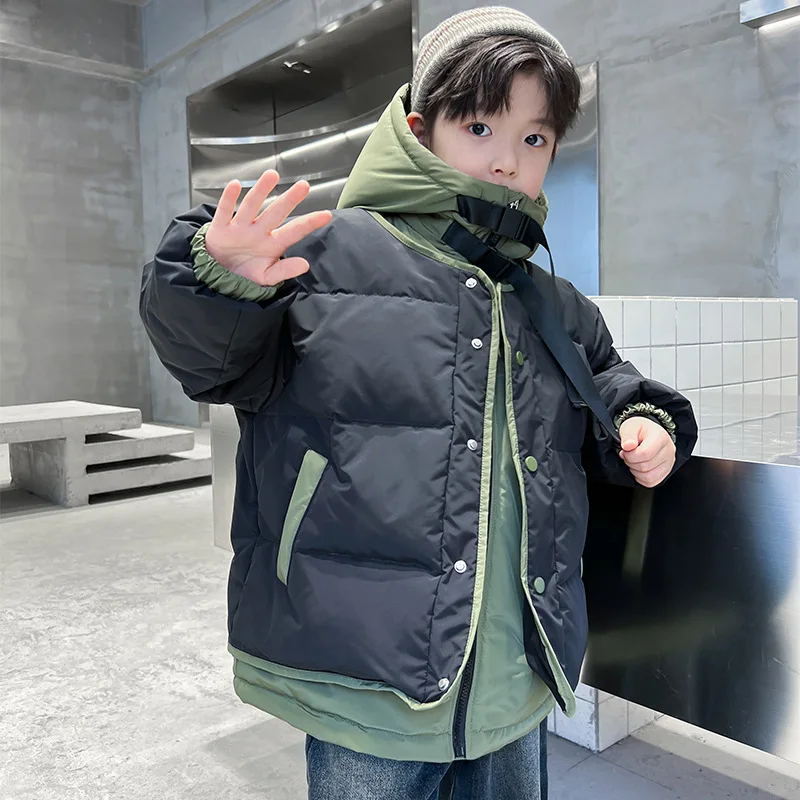 Winter Warm Boys Contrast Patchwork Cotton Lined Hooded Zip Jackets School Kids Thick Coats Children Outfits Windbreaker 5-16 Yr