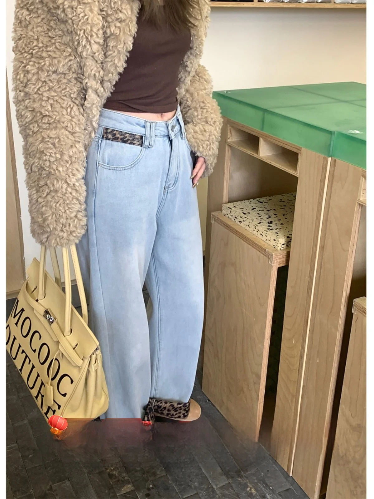 

Женские джинсы с высокой талией и широкими штанинами, на флисовой подкладке, свободного кроя, с леопардовым принтом, с манжетами, повседневные, из хлопковой ткани, на пуговицах