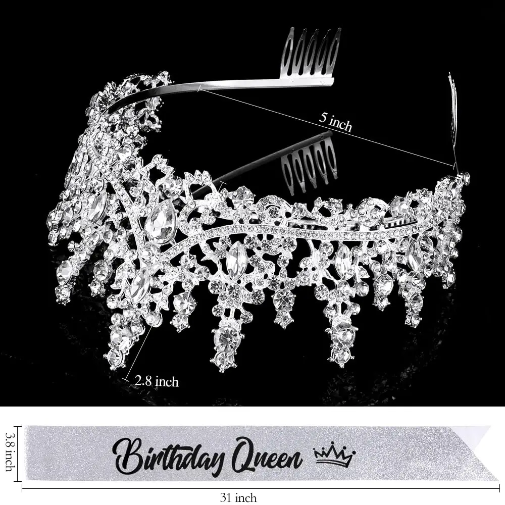 Silvery Birthday Queen Sash Tiaras Crowns for Women Girls Crystal Princess Tiara Rhinestone Headbands Quinceanera Happy Birthday