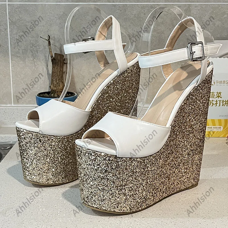 Ahhlsion New Arrival Women Sandals Glitter Ultra High Wedges Heel Peep Toe Beautiful Gold Silver Party Shoes Ladies US Size 4-15