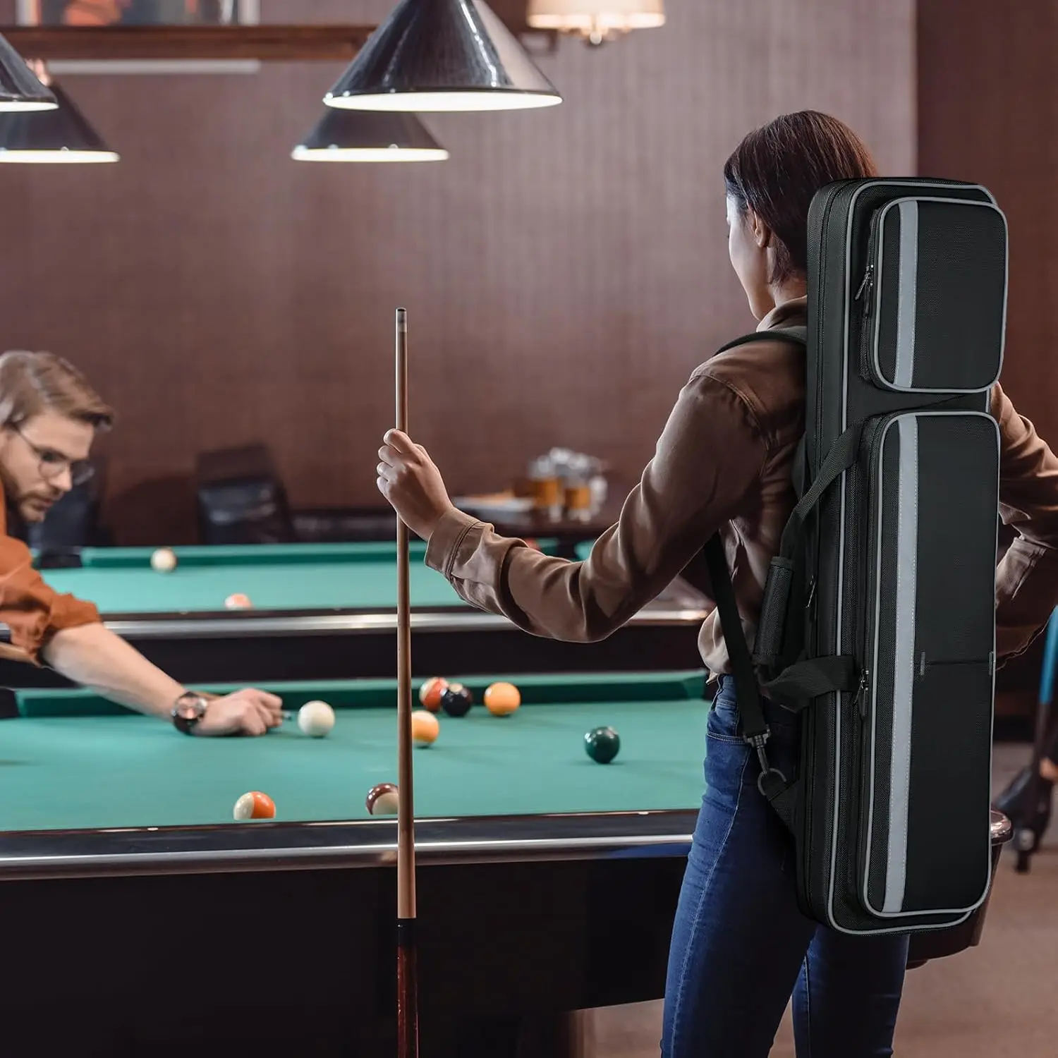 Multi-pocket for 4 Butts and 5 Shafts, Pool Stick Case Cue Bag with Backpack-straps for Pool Cues and Accessories