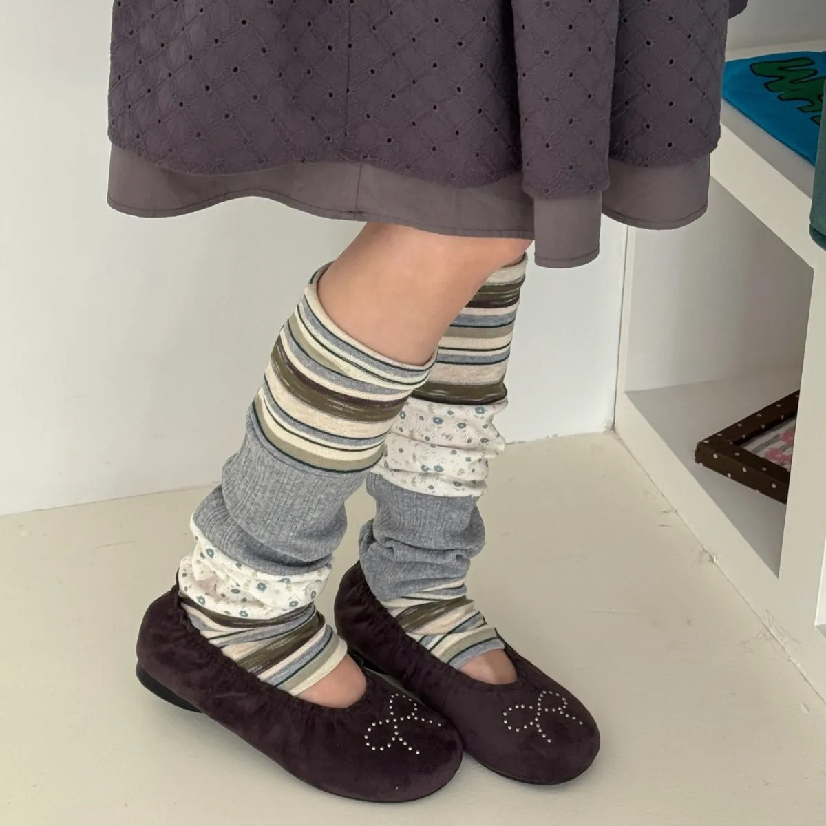 2026 New Striped Leg Warmers Japanese Floral Leg Cover Autumn and Winter Retro Contrasting Color Leg Warmers Knitted Foot Cover
