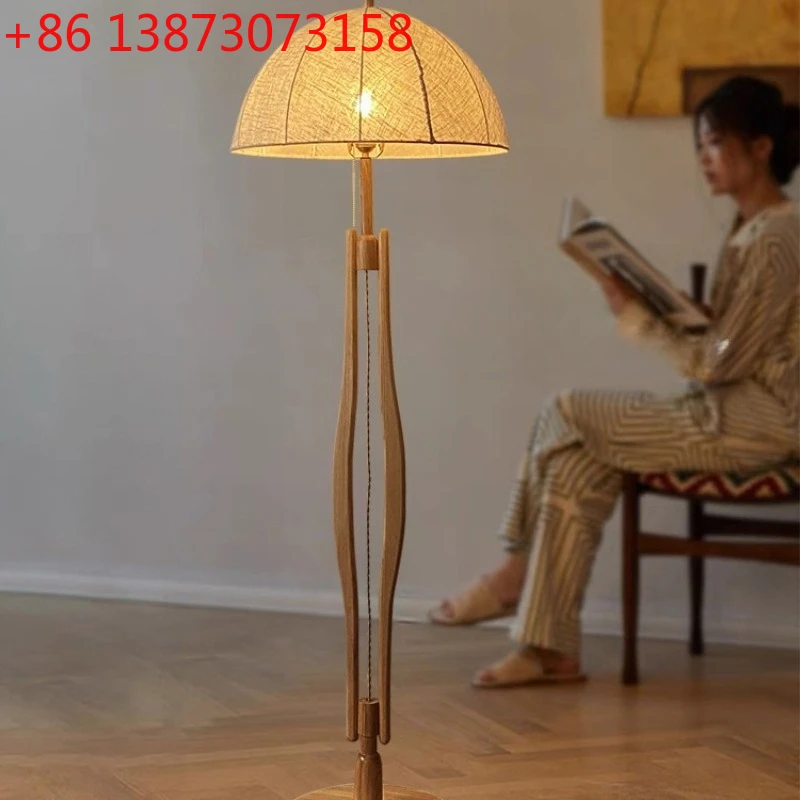 

Japanese Wabi Sabi Floor Lamps Bedroom Oak Handmade Linen Lampshade Semi-circular Caramel Color Decoration LED Vertical Lights