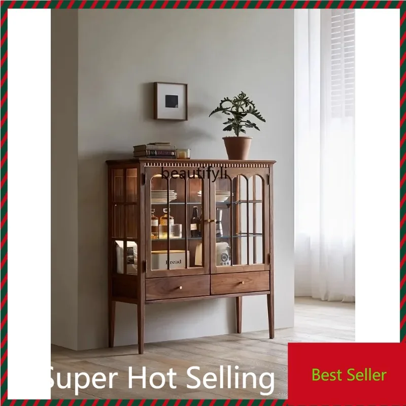 

M71 Customized Solid Wood Glass Wine Cabinet Vintage Display Cabinet Guest Restaurant with Light Side Cabinet Ceramic Storage