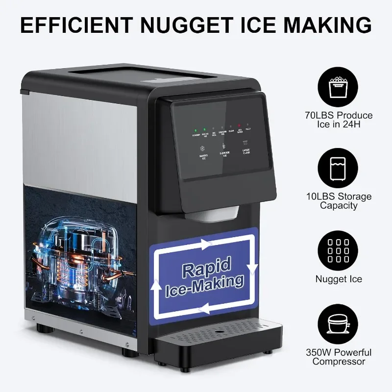 Nugget Ice Maker Countertop Pellet Crushed Chewable Ice Cubes 70Lbs/24H Ice Dispenser Countertop Stainless Steel