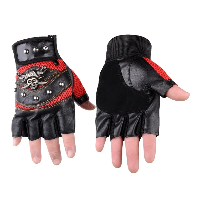 Pirate Captain PU Leather Fingerless Gloves Men Women Skulls Rivet Mitts Hip Hop Gym Gloves Female Moto Half Finger Men\'s Gloves