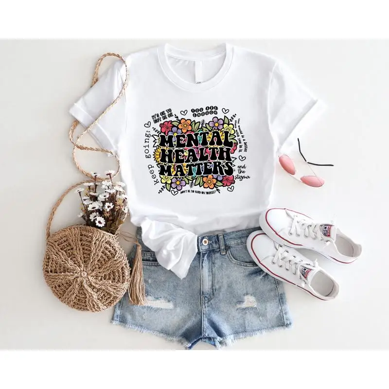

Mental Health Matters T Shirt Floral Brain Awareness Inspirational