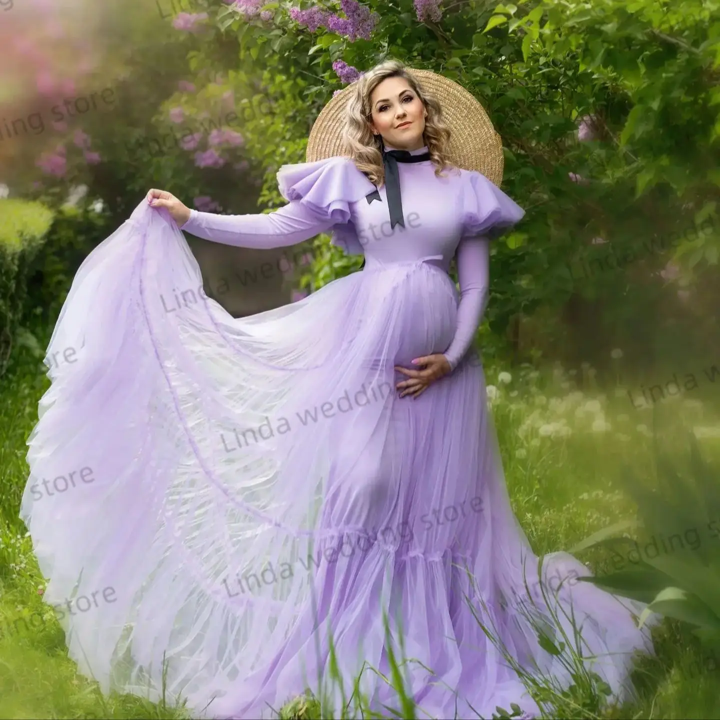 Light Purple Maternity Dresses for Photography Ruched High Neck Prom Party Gowns Photo Shoot Pregnant Dress for Babyshower