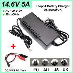 14.6V 5A LiFePO4 Charger 4S 12.8V Lifepo4 battery pack charger Smart power off AC100-240V DC5.5*2.1/2.5mm Plug +Crocodile clip