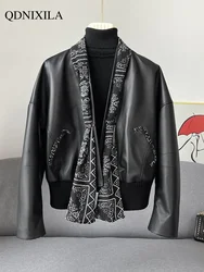 Women's Black Imitation Sheepskin Leather Jacket, Short Outerwear, Casual Coat, Spring, New, 2024