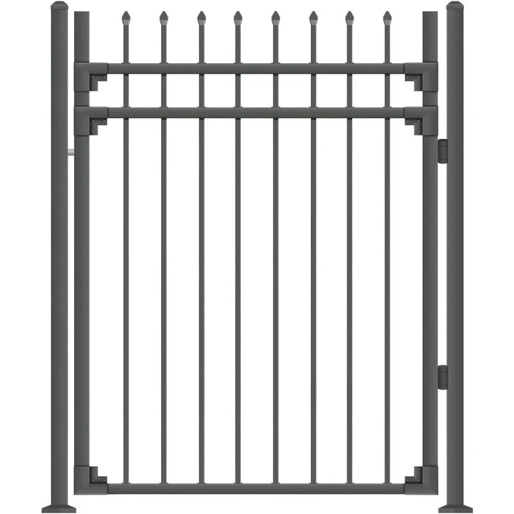 Black Steel Anti-Rust Fence Gate, Sharp End Pickets, 4ft W X 5ft H, Easy Installation Kit, 3-Rail Metal Gate, Fence