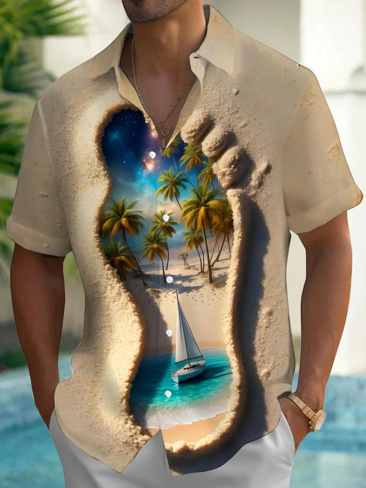 New Artistic Men's Shirt 3D Crack Beach Galaxy Sailboat Print Camp Collar Short Sleeve Soft Fabric Island Vacation Male Outfits