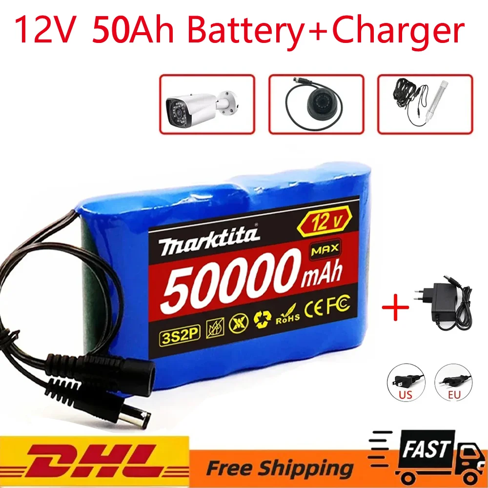 

Original 18650 3S2P 12V 50000mah Lithium Ion Battery DC 12.6V 50Ah Rechargeable CCTV, Camera Monitor Replacement Battery + Charg