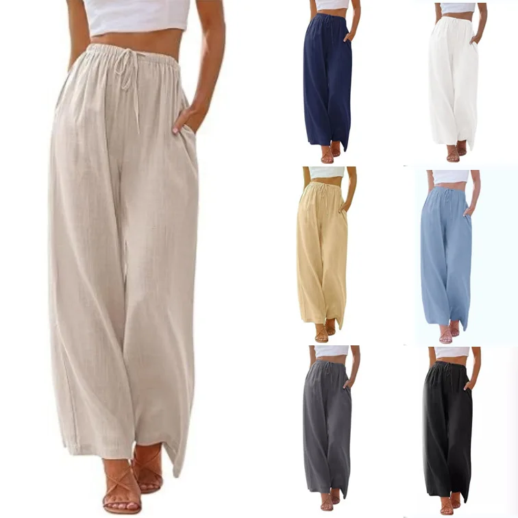 

2025 Women's Pants Linen Loose Casual Pocket Drawstring Wide Leg Pants Women's Europe and America