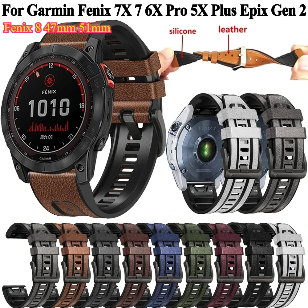 Silikon-Leder-Uhrenarmband für Garmin Fenix 7X 7 6X 6 Pro 5X 5 955 Quickfit-Bänder Epix Gen 2 Mk2i 22mm 26mm Uhrenarmband