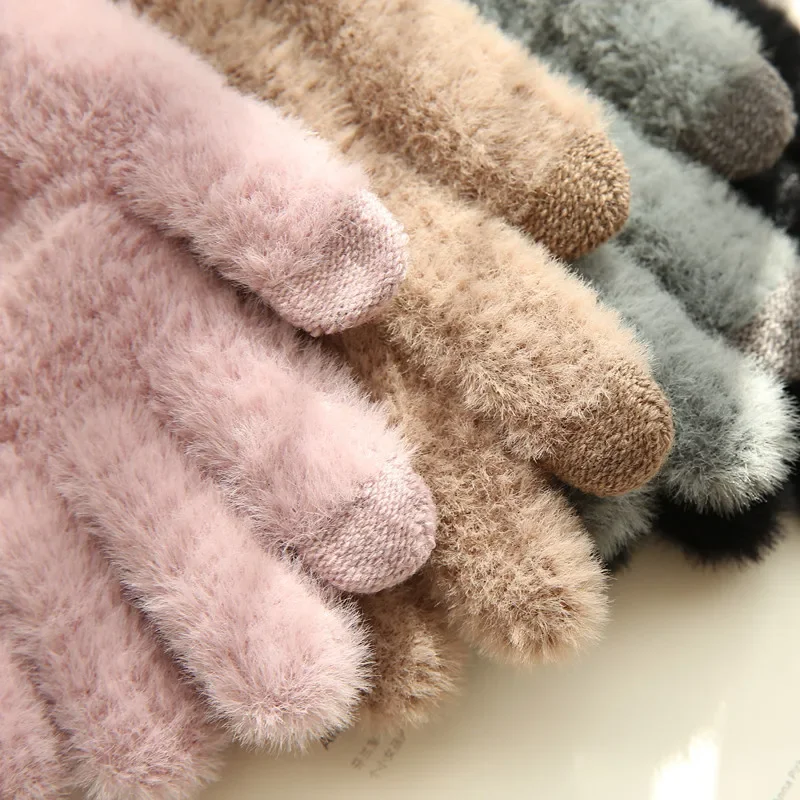 Knitted Gloves Winter Warm Thick Screen Fur Gloves Solid Mittens for Mobile Phone Tablet Pad Women\'s Cashmere Wool Glove