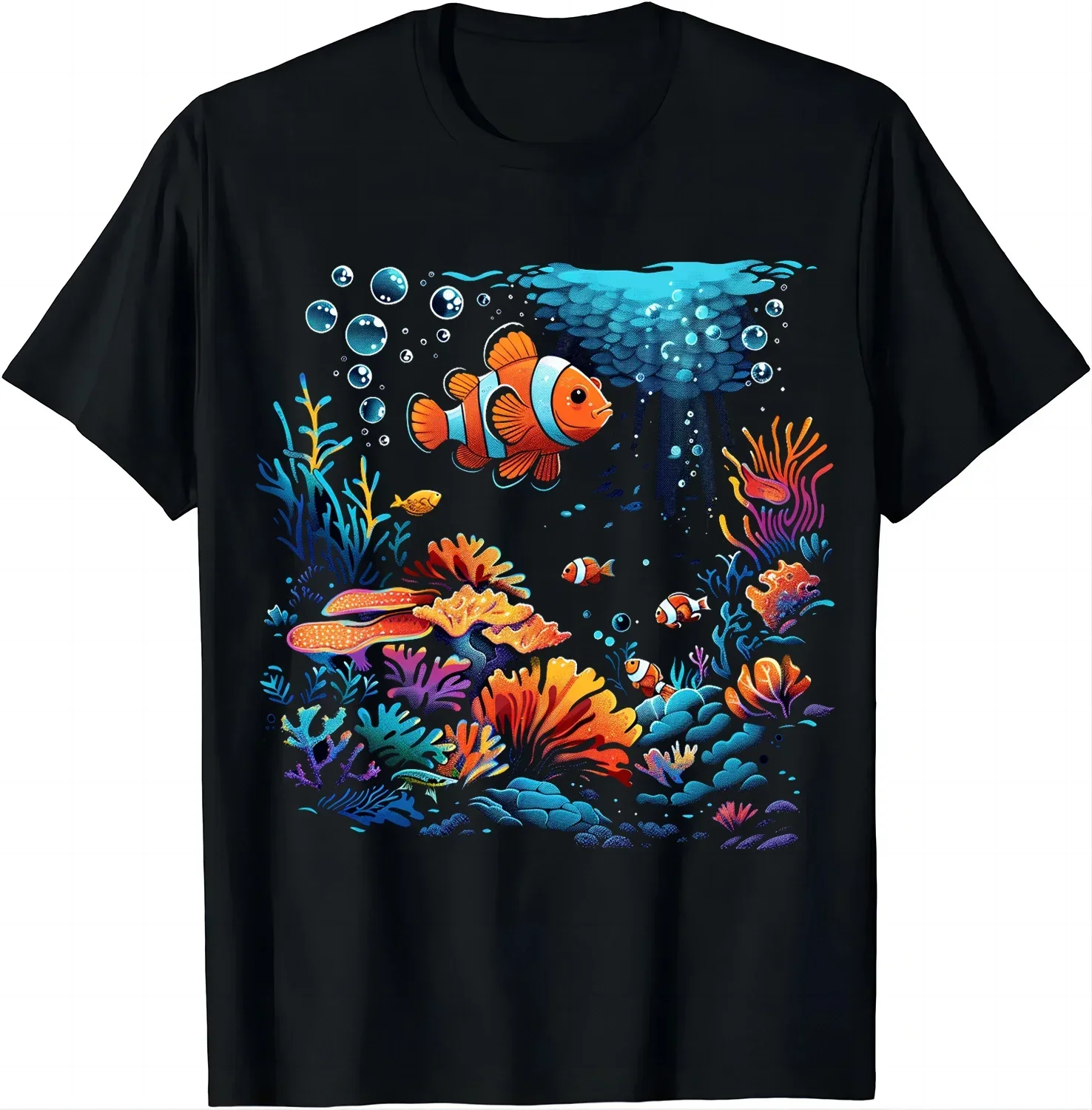 Colorful Reef Print Tee - Dive Into Nature- Swim with The Fishes Shirts  Graphic T Shirts Men Clothing Tops Camisas Streetwear
