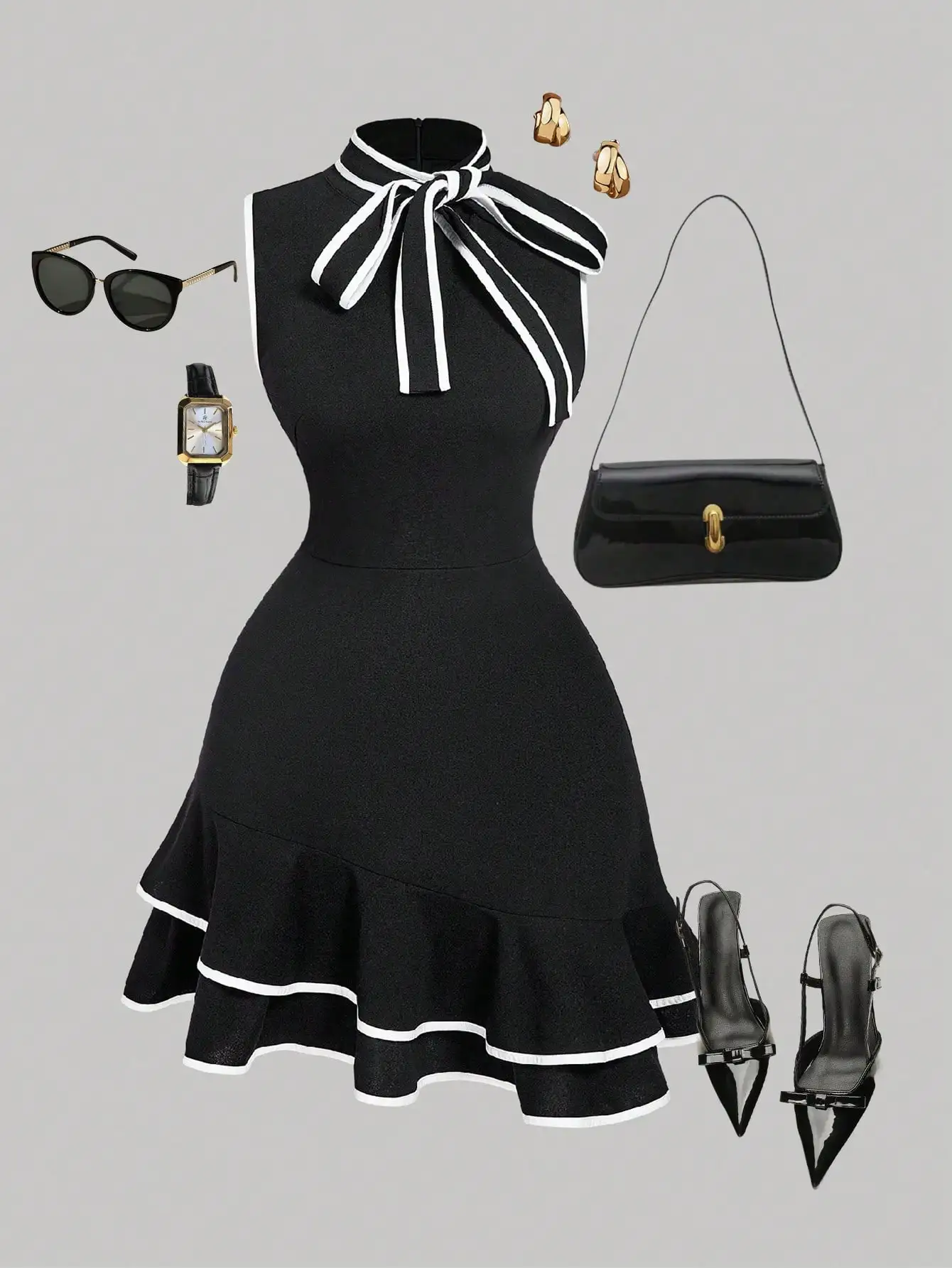 

Black Sleeveless Mini Dress with White Contrast Bow Neck and Ruffle Hem