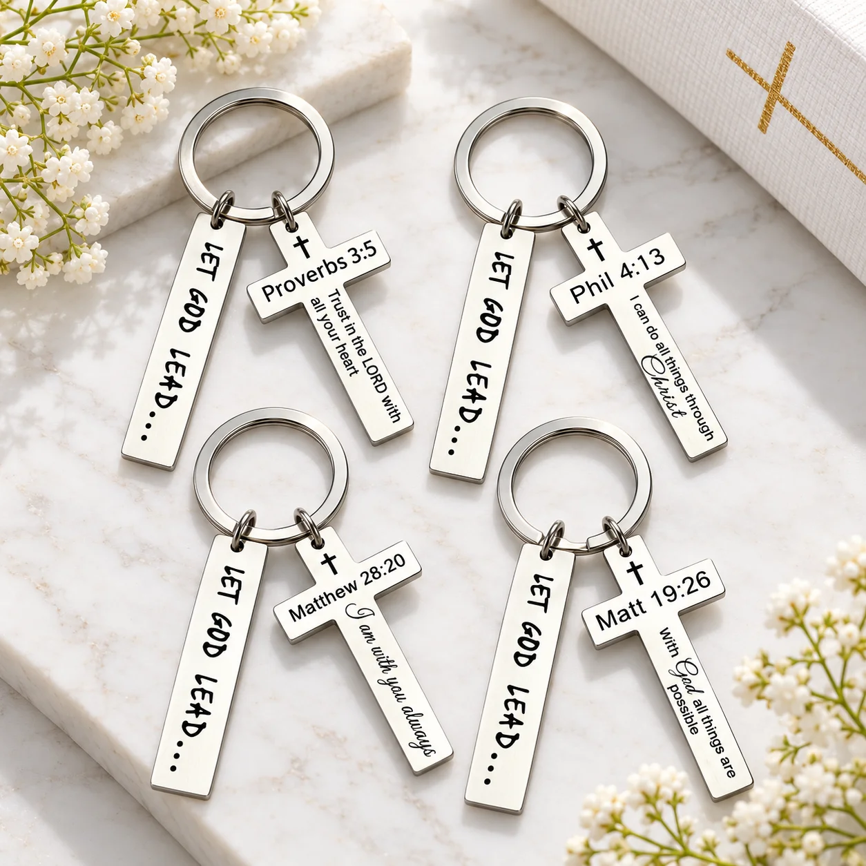 Inspirational Christian Keychain, Cross Charm Bible Verse Engraved Key Ring, Religious Faith Gift, Bag Pendant Accessory