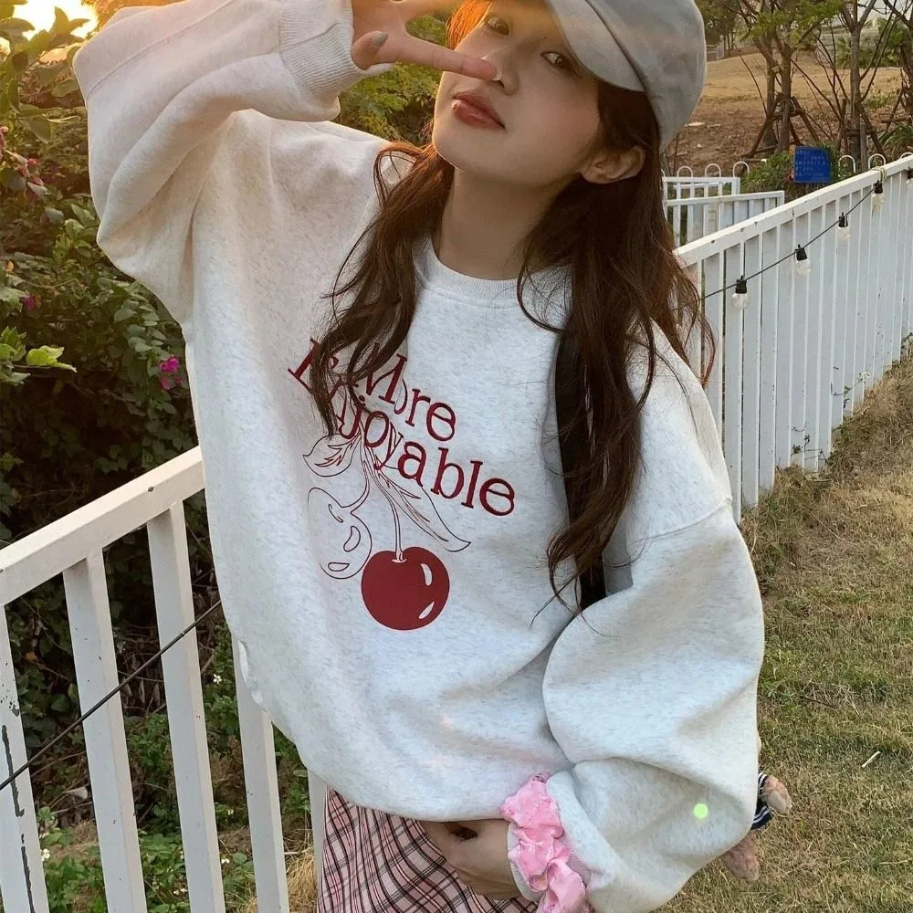 

Printed Long Sleeve Fleece Top Sweet Cherry Korean Ins Autumn Hoodie Top Loose Girls Clothing Sweatshirts for Women Holiday