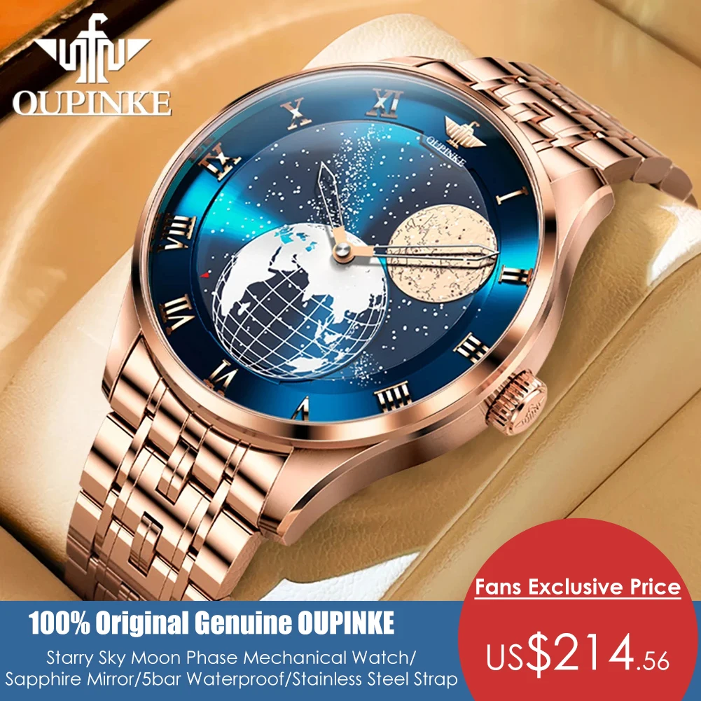 OUPINKE Luxury Swiss Automatic Watch Men 3D Earth Starry Star Rotating Dial Moon Phase Men's Wristwatch Mechanical Watch for Men