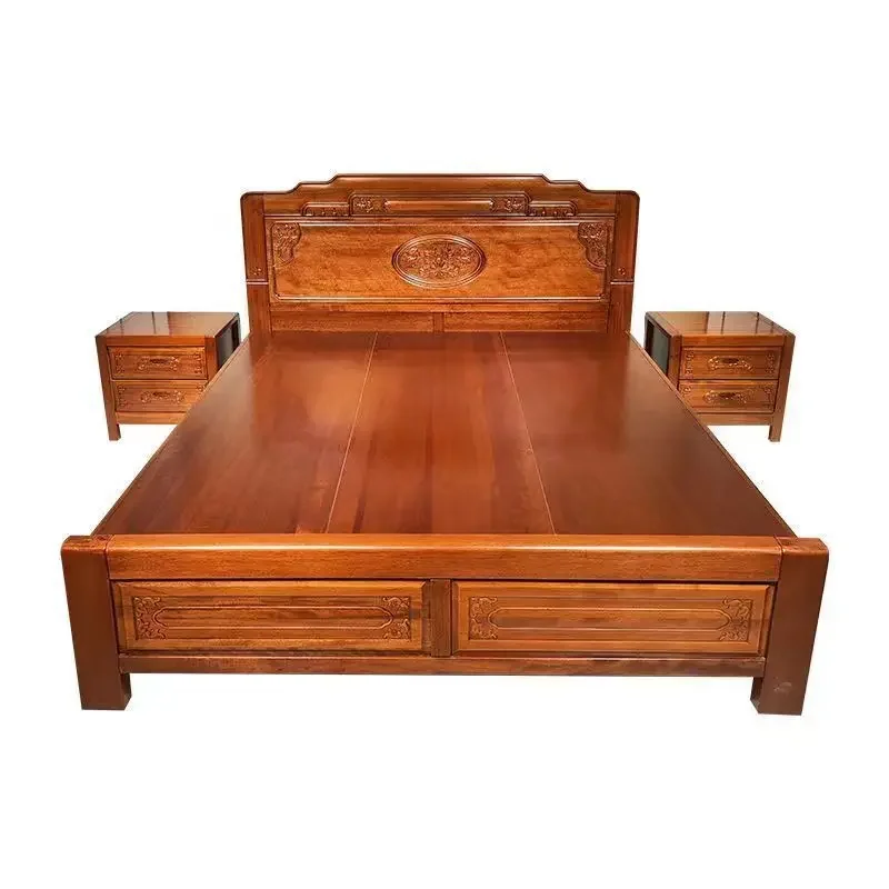 Chinese pear wood carving flower solid wood bed classical mortise antique double bed