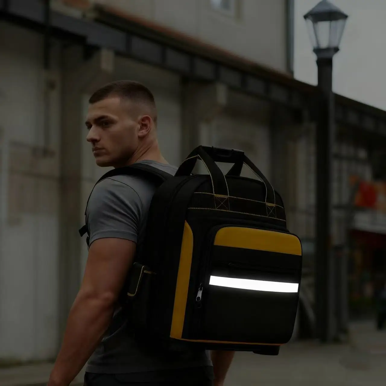 One-Piece Black and Yellow Backpack-Style Tool Bag, Multi-Functional Repairman's Oxford Cloth Portable Installation Tool Bag for Electricians, Plastic Bottom Backpack Tool Bag, Suitable for Elevator Repairmen, Electricians, Home Improvement, Fishing, and Various Repair Workers