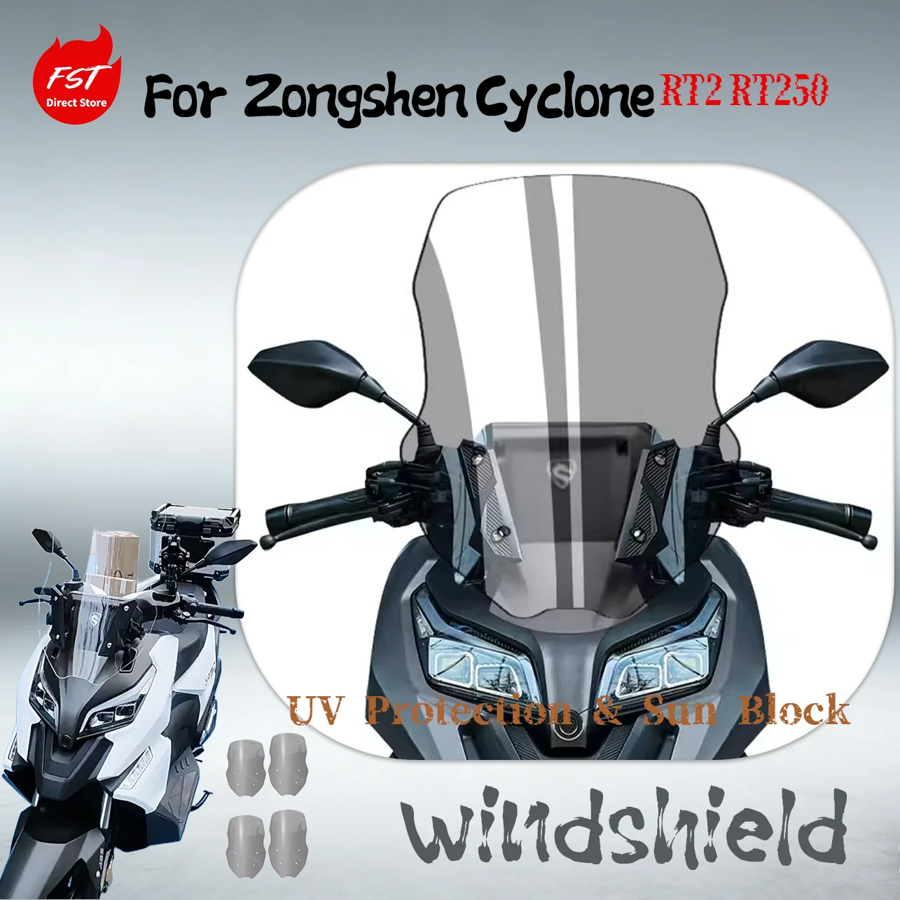 Tall Extended Windshield for Zongshen Cyclone RT2 RT250, Thick PC Wind & Rain Guard Scooter Accessory