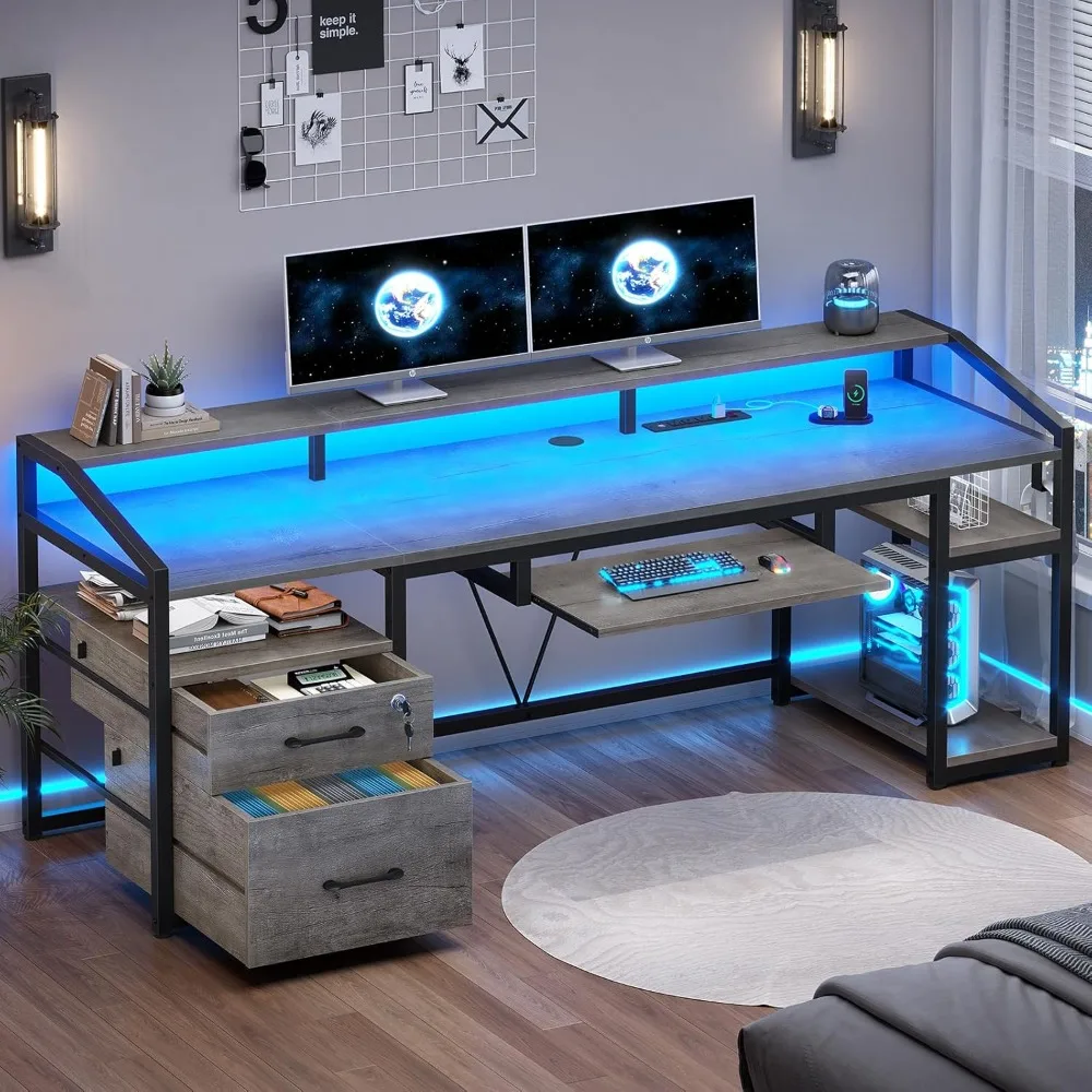 63" Computer Desk, Office Desk with Lockable Drawers for Legal/Letter File, Gaming Desk with LED Lights & Power Outlet