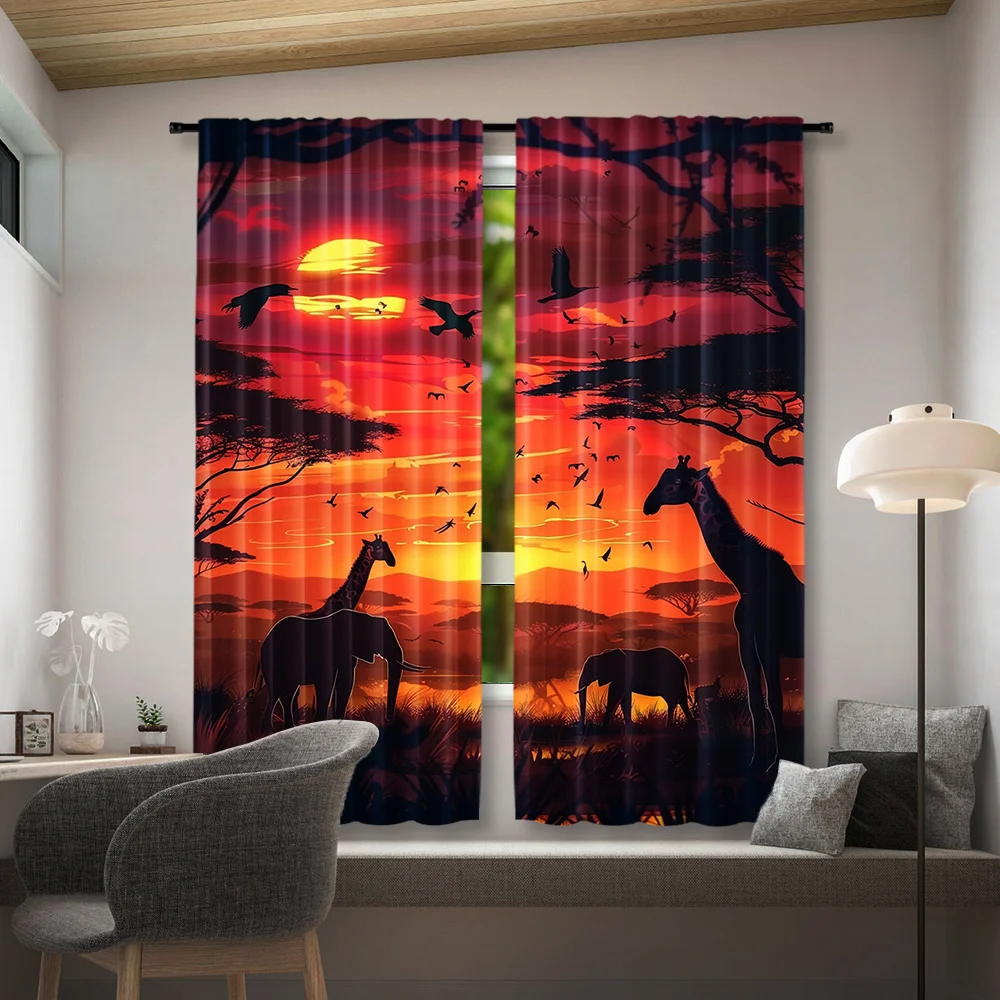 African Safari Curtain, Sunset Giraffe Elephant Window Drape, Wildlife Silhouette Blackout Panel, Living Room Bedroom Decor
