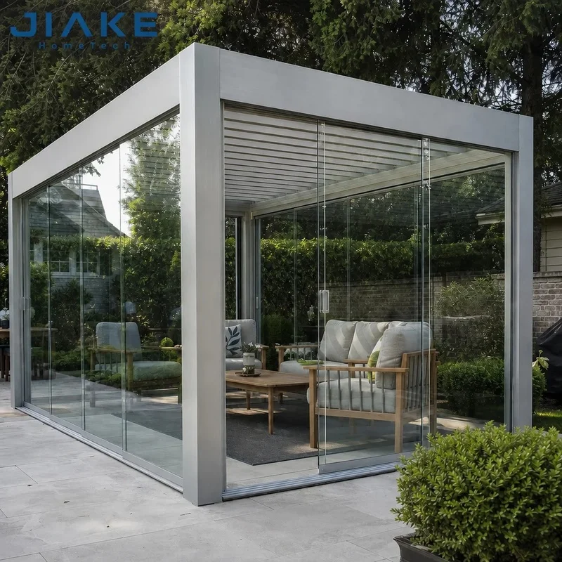Jiake Aluminum Garden Glass Pergola with Motorized Louvered Aluminum Roof Backyard Garden Patio, CE OEM