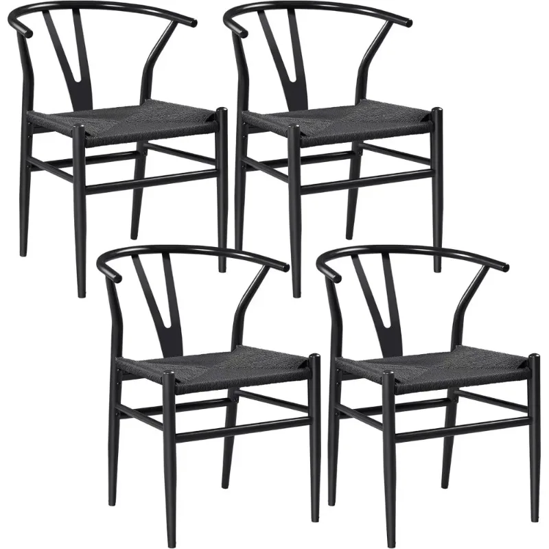 Set of 4 Weave Chair Mid-Century Metal Dining Chair Y-Shaped Backrest Hemp Seat, Large Black