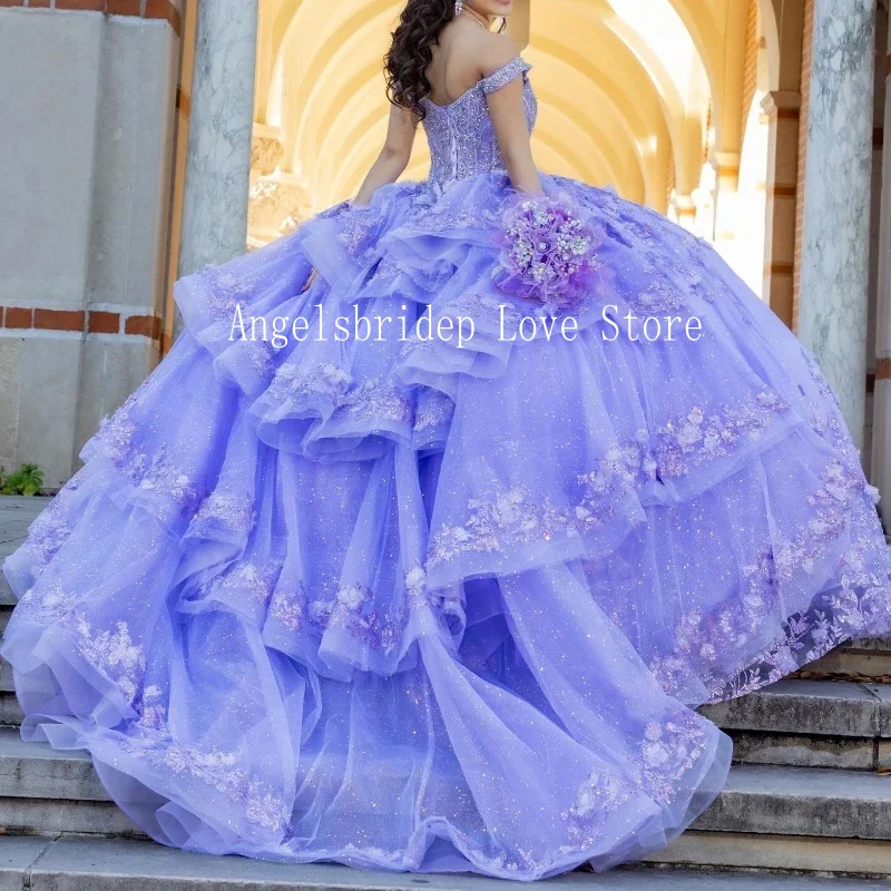 Shiny Purple Princess Ball Gown 15 Year Old Quinceanera Dresses 2024 Tiered Beads Lace Appliques Engagement Dress Prom Gowns