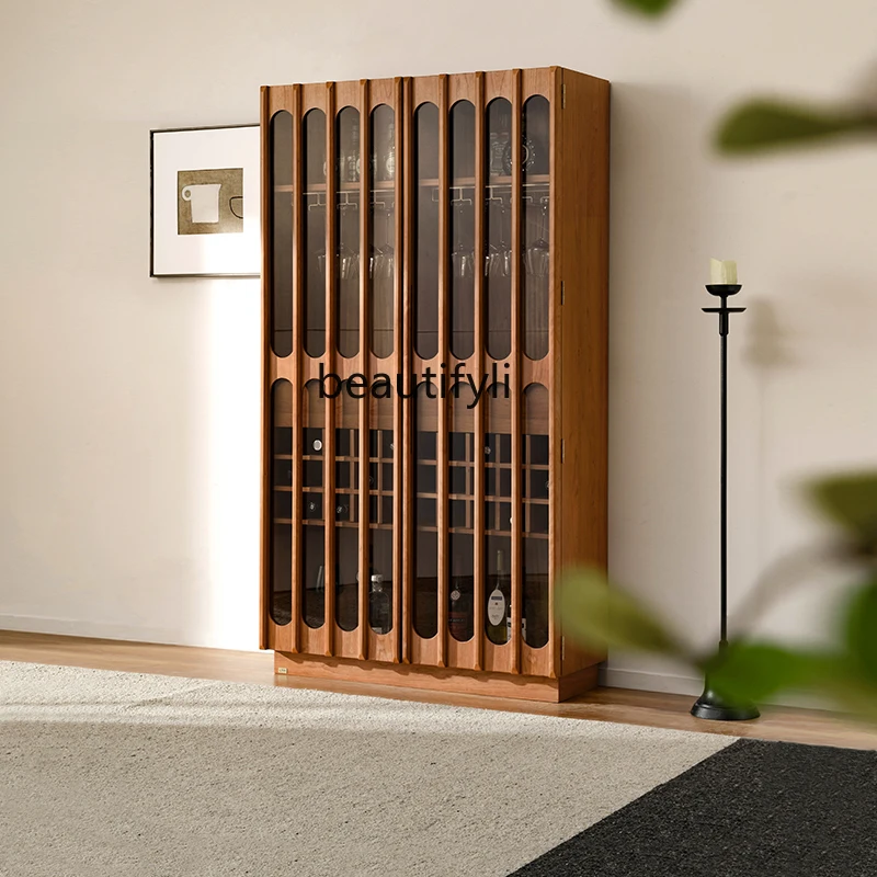

Living room retro wall display cabinet glass door double door North American cherry wood solid wood wine cabinet