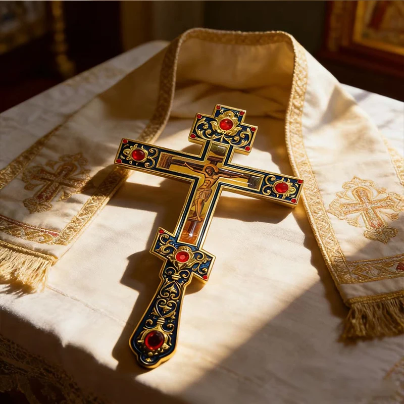 New Intricately Premium Handheld Orthodox Crucifix with Enamel Detailing and Red Gem Accents for Spiritual Rituals and Prayer