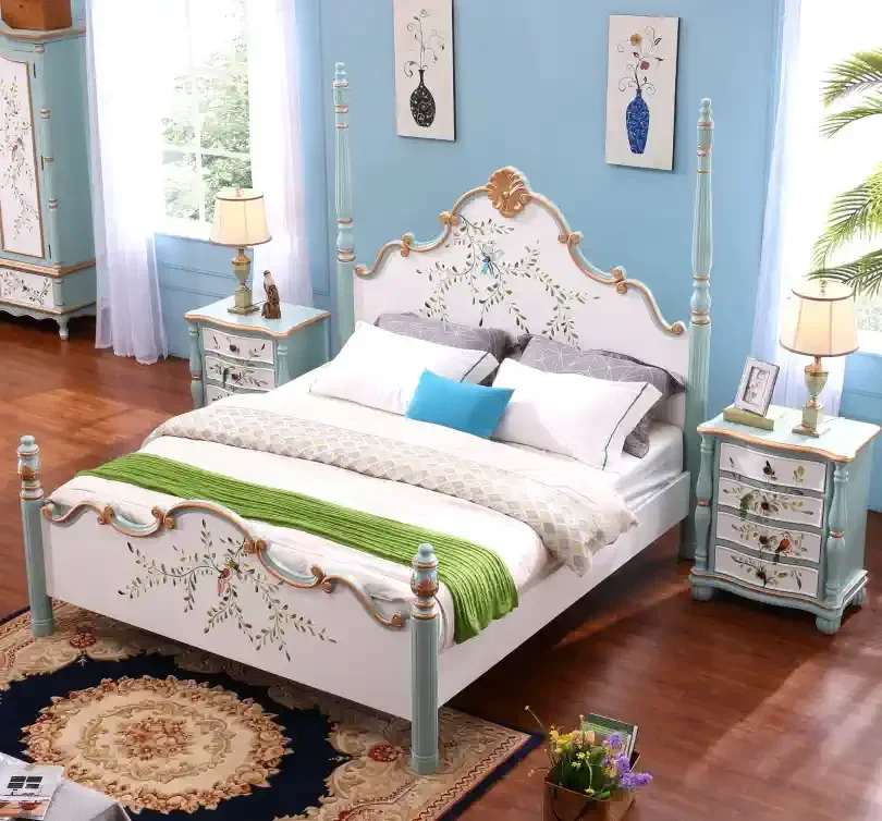 

American Mediterranean solid wood double bed master bedroom European wedding bed simple furniture